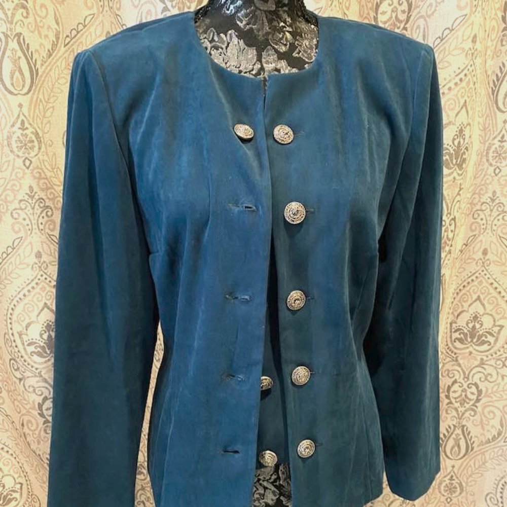 Vintage Dark Teal Leslie Fay Faux Suede Double-Button Skirt & Blazer, 10